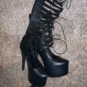 BLACK LACE UP GLADIATOR 6 INCH HIGH HEELS FAUX